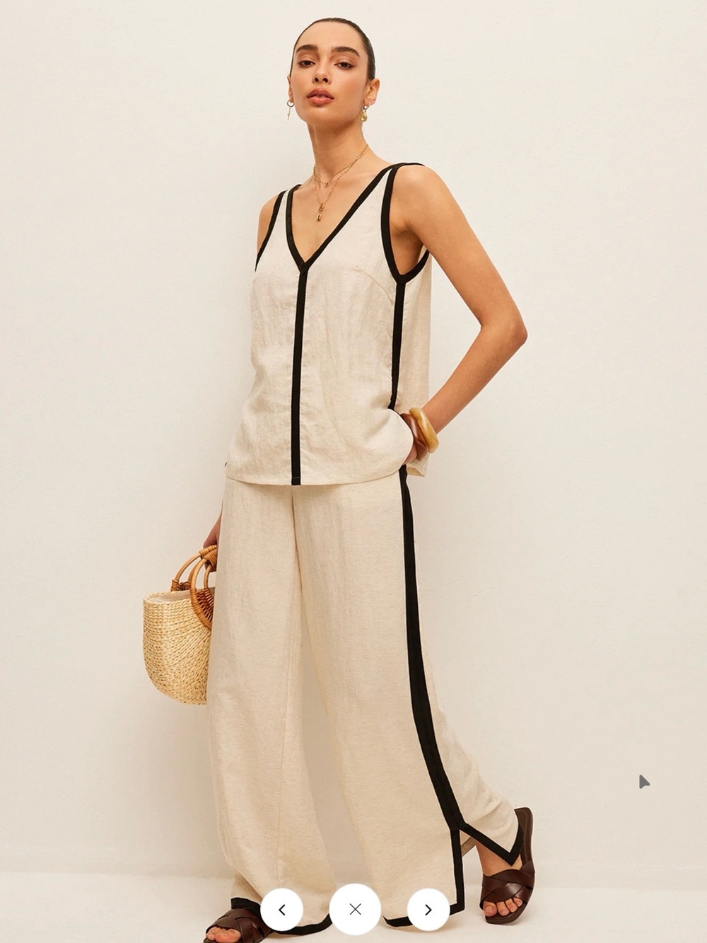 Commense Cotton & Linen Contrast Trim V-Neck Pants Set - LARGE